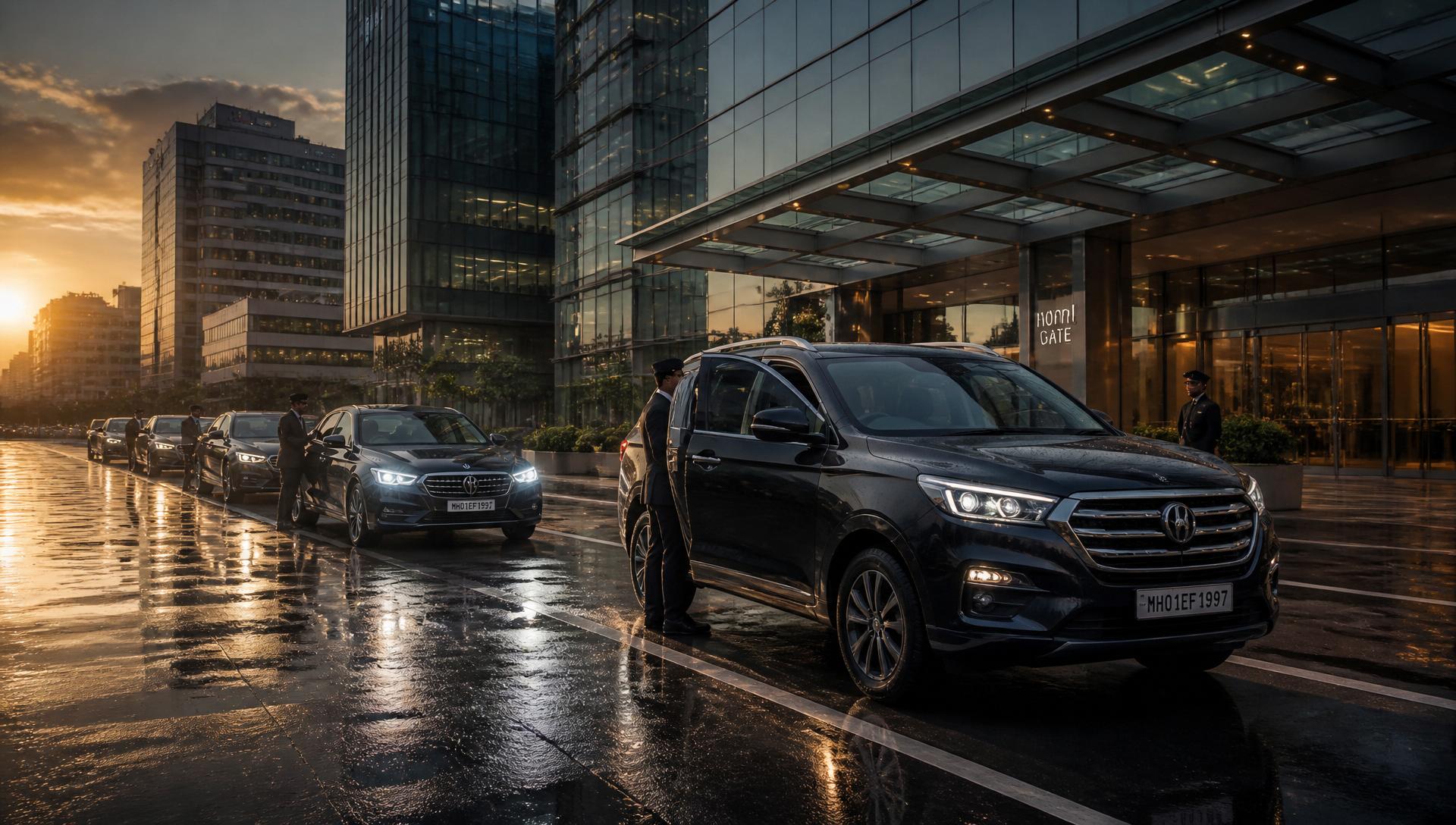 Corporate fleet of chauffeured vehicles at a tech park at dawn